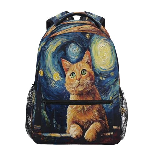 Cat Moon Galaxy Oil Painting Backpack for School Boys Girls Adults Kids Bookbag Laptop Bag 18L