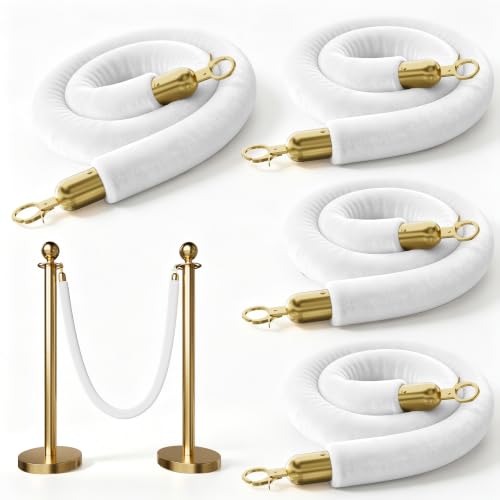 Image of 4PCS White Velvet Stanchion Ropes 5 Ft Crowd Control Ropes Barrier with Gold Hooks for Party Supplies,Photobooth Accessories, Prom,Birthday,Business,Wedding, Museums