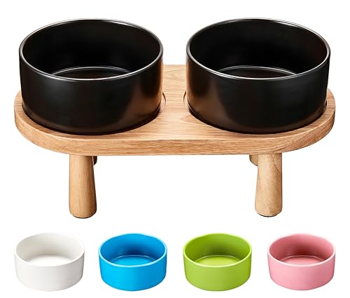 MOPANG Hundenapf Erhöht für Große Hund, Hundenapf Keramik mit Holzständer, Futternapf- und Wassernapf-Set für Hunde, 1800 ml, Dunkelgrau