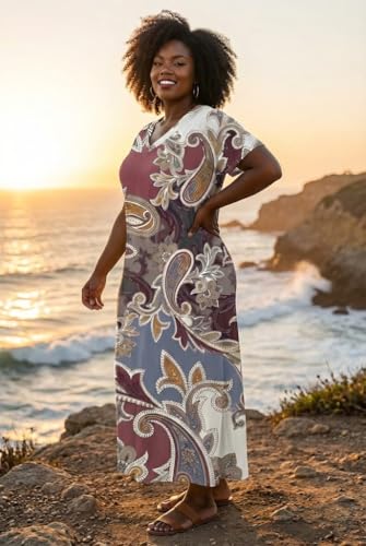 Image of Plus Size Maxi Dress for Women Short Sleeve V Neck Casual Loose Sundress with Pockets