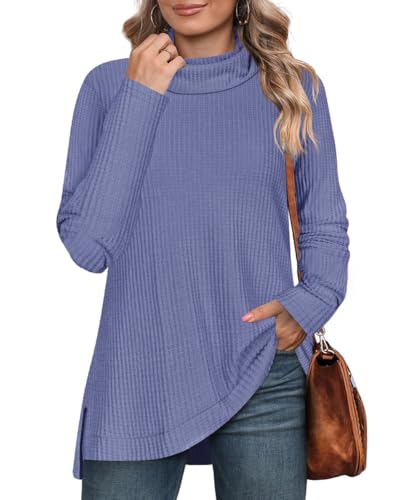 Image of RITERA Women's Plus Size Waffle Tops Long Sleeve Turtleneck Sweater Shirts Knit Tunic Oversized Casual Pullover Blouse XL-5XL