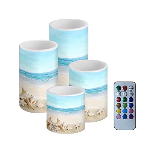 Image of Flickering Flameless LED Pillar Candles with 18-Key Remote Battery Operated Color Changing Tea Lights Fake Candles, Set of 4, Beach Starfish Blue