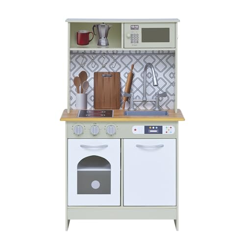 Teamson Kids Little Chef Boston Modern Farmhouse Wooden Kitchen Playset with Interactive Features & 9 Play Cooking Accessories, Light Green/White TD-12679D