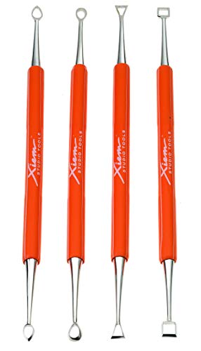 Xiem Stainless Steel, Rubber Handle Double Ended Carving Tool Set, Orange, Set of 4