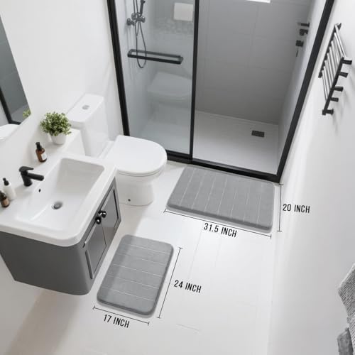Yimobra Memory Foam Bathroom Rugs Sets 2 Piece - Super Soft Absorbent Quick Dry Bath Mat Set, Machine Washable Non Slip Floor Carpet for Tub Shower & Single Sink (17x24 & 31.5x20 Inch, Gray) - Image 3