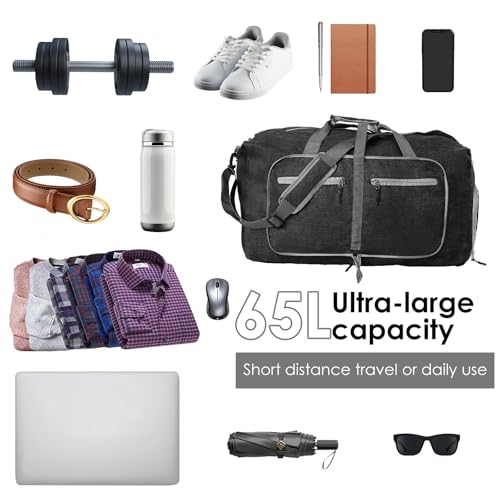 Duffle Bag for Travelling, 65L Travel Duffle Bag with Shoe Compartment, Waterproof Lightweight Foldable Travel Weekender Bags for Airplane Travelling Gym, Black2