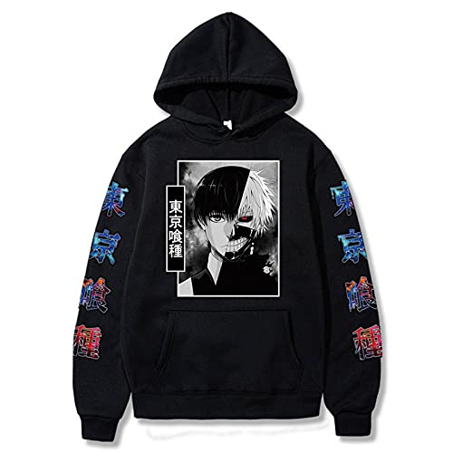 Unisex Tokyo Ghoul Hoodies Japanese Anime Kaneki Printed Pullover Casual Sweatshirts Long Sleeve Cosplay Costume Black
