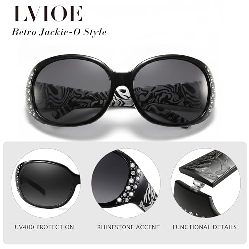 Image of LVIOE Polarized Sunglasses for Women Rhinestone Design Wrap Around Shades | UV400 Protection Fashion Sun Glasses Stylish Elegant Frame, Bonus Cleaning Cloth & Soft Pouch Plus Essential Accessories
