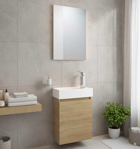 Faizee Home Badmöbel Set Eiche – Waschbeckenunterschrank mit Keramik Waschbecken, Spiegel & Armatur – Kompakter Badezimmerschrank Badschrank für Gäste WC & kleine Bäder