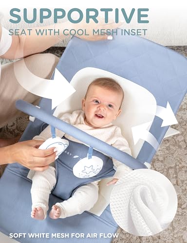 Image of Baby Delight Alpine Deluxe Portable Bouncer, Organic Dusty Blue | Infant 0-6 Months, 3-Position Recline, 3-Point Safety Harness, 100% GOTS Certified Cotton Fabric Removable & Washable Cover