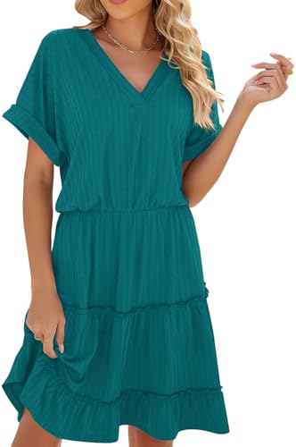 Image of PerZeal Women's Casual V Neck Short Sleeve Tiered Dress Ruffle Hem A-Line Flowy Swing Midi Dresses