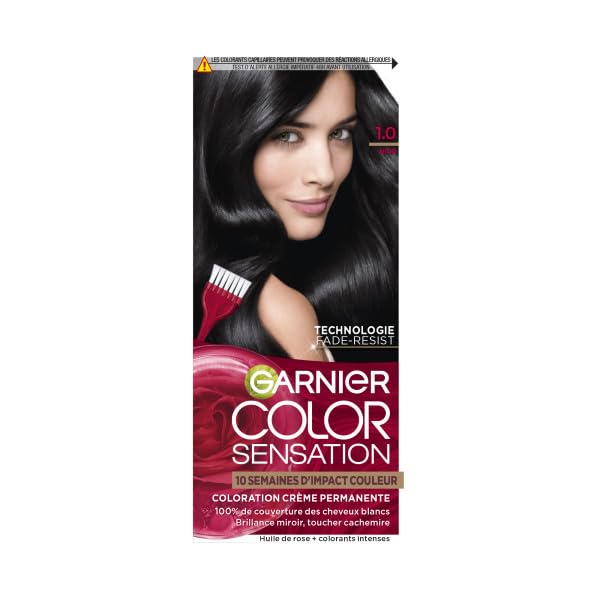 Garnier Color Sensation Coloration – Negro 1.0 – Tinte permanente en crema – para todo tipo de cabello – Color hasta 10 semanas y cubre el cabello blanco 100%