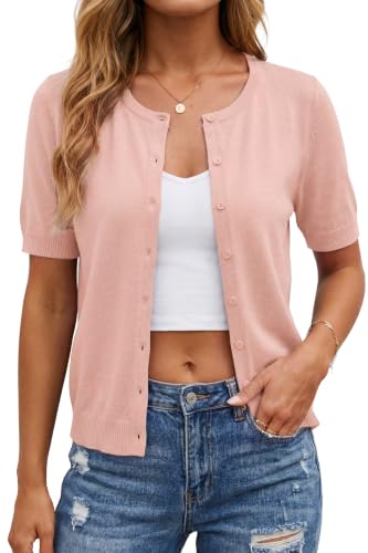 Image of Arach&Cloz Women's Wool Blend Cropped Lightweight Short Sleeve Summer Business Casual Cardigan Tops