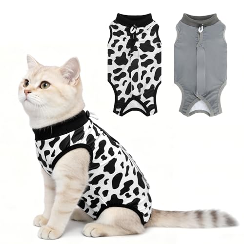 Image of BEAUTYZOO Cat Surgery Recovery Suit, Female Spay, Male Neuter, 2 Pack | Onesie for Cats After Surgery, Anti Licking Wounds, Cone of Shame Alternative, Surgical Recovery Anxiety Vest, Grey Cow XS