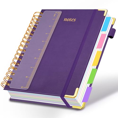 Hardcover Spiral Notebook 8x10 Journal Notebook with Tabs and Removable Dividers 300 Pages 5 Subject Notebook College Ruled Faux Leather Spiral Bound Notebook for Women School Work (Purple)
