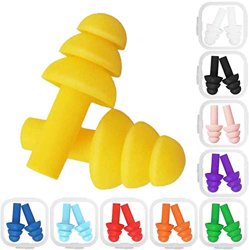 Yooh 10 Pairs Reusable Silicone Earplugs Noise Cancelling, Waterproof Ear Plugs Sound Blocking with 10 Carry Case for Swimming, Sleeping, Concerts, Loud Events and Travel, 10 Assorted Colors