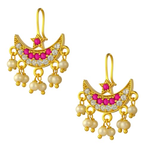 Image of VAMA FASHIONS 18K Gold Plated Anti Tarnish Half Moon Peacock Shape Traditional Maharashtrian Press on Bugadi Upper Ear Clip on Earrings For Women & Girls