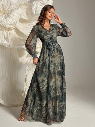 Image of TOLEEN Summer Casual Dresses for Women 2024 Spring Fashion Boho V Neck Long Sleeve Ruffle Floral Print Elegant Maxi Dress