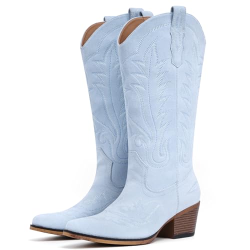 Fioralie Suede Cowboy Boots for Women Western Mid Calf Cowgirl Boots with Embroidered, Retro Snip...