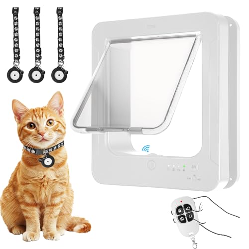 Smart Cat Door with 3 Collar Sensor, RFID Cat Door Collar Activated with Remote Control, 4 Way Locking Cat Flap Automatic Pet Door