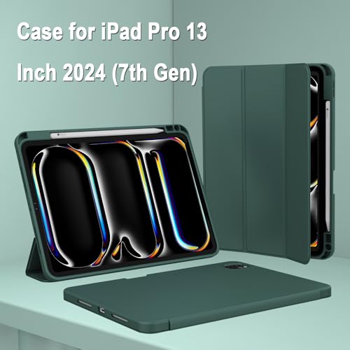 Image of ZryXal New iPad Pro 13 Inch Case (M5) 2025 / (M4) 2024 with Pencil Holder, Smart iPad Case [Support Pencil Pro and Pencil (USB-C)], Support Touch ID and Auto Wake /Sleep (Midnight Green)