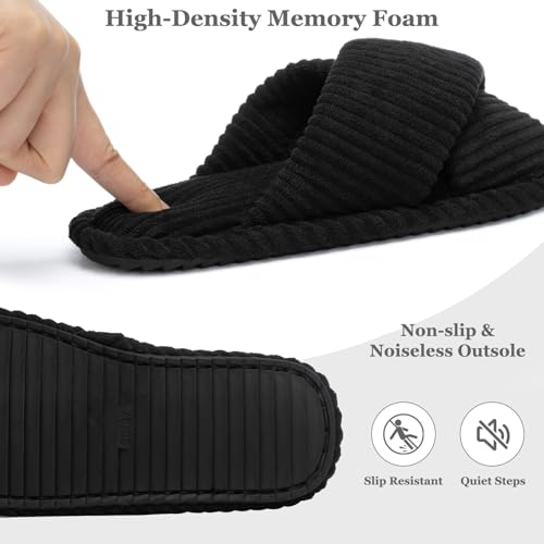 House Slippers for Women Open Toe Fuzzy Womens Slippers Indoor Outdoor Crossband with Corduroy Memory Foam Warm Gifts for Women Anti-Skid Size 11 12 Black4
