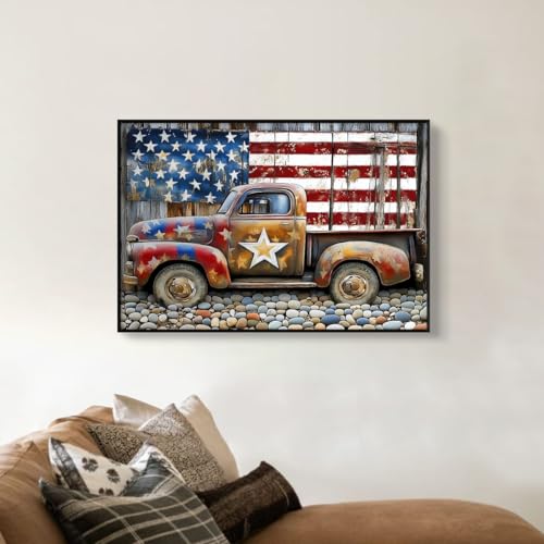Image of American Flag Canvas Wall Art, 4th of July Patriotic Poster Print, USA Flag And Truck Artwork Picture, Vintage Independence Day Wall Decor for Bedroom Living Room 24x36in Framed