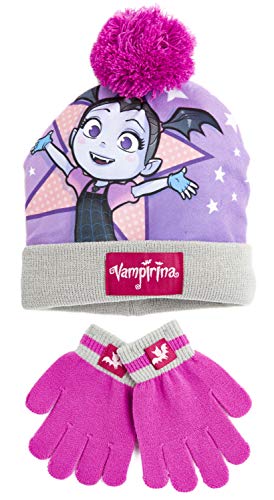 Preisvergleich Produktbild Disney Vampirina Mütze und Handschuh Set Mädchen Süß Wintermützen für Kleinkinder, Bommelmütze, Tolle Geschenke für Mädchen 4 5 6 7 8+ Jahren