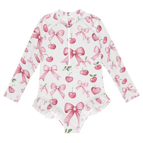 ALAZA Bow Cherry Leaf Girls One Piece Swimsuit Long Sleeve Rash Guard Swimsuits UV 50+ Swimwear Zipper
