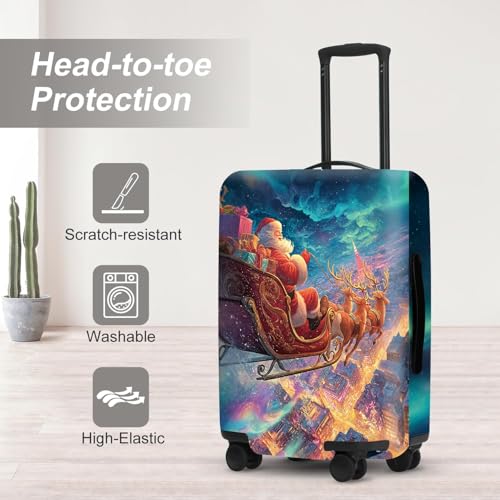 Image of Northern Lights Luggage Cover - Santa's Sleigh Flying Over City Under Aurora, Magical Stretchable Suitcase Protector 24 26 Inch