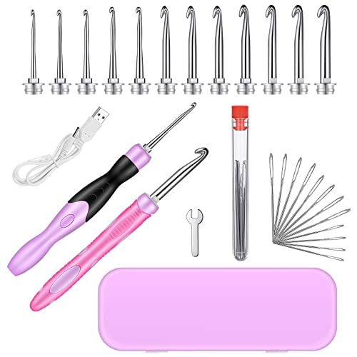 Lighted Crochet Hooks Set 12 Size Light up Metal Crochet Hooks 2 mm to 8 mm Rechargeable Interchangeable Heads Light Large Eye Blunt Needle with Case for DIY Craft Supplies Beginner Yarn Knitting