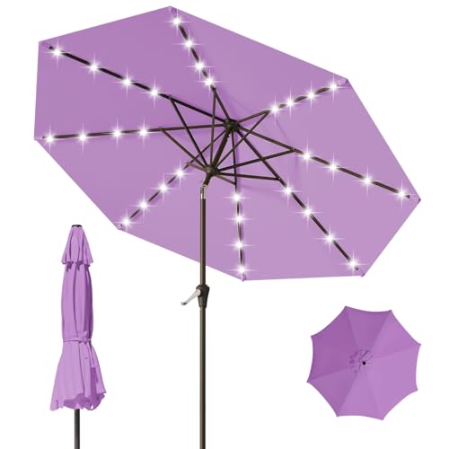 Image of 9FT Patio Umbrella with Solar Lights,Outdoor Market Umbrella with Tilt and Crank, LED Lighted Table Umbrella for Garden,Deck,Backyard,Pool,Beach (Taro Purple)