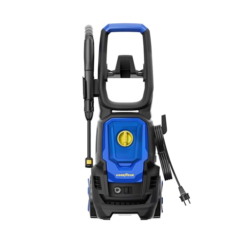 Goodyear - Hidrolimpiadora Alta Presión 1800W 2030 PSI 140 Bar - 420 l/h - Limpiadora a Presión Eléctrica Compacta con Lanza Ajustable, Manguera 5m, Ruedas, Paro Total, Ideal para Coche y Jardín