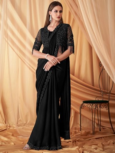 Image of AKHILAM Women's Black Georgette Embellished Saree With Unstitched Blouse Piece