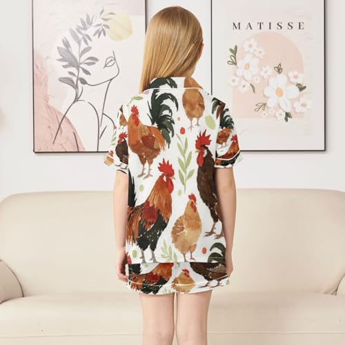 Satin Pajama Sets Short Sleeve Chicken Pattern with Green Leaves Button Down Silky Nightwear 2 Piece PJS 5-14Y4