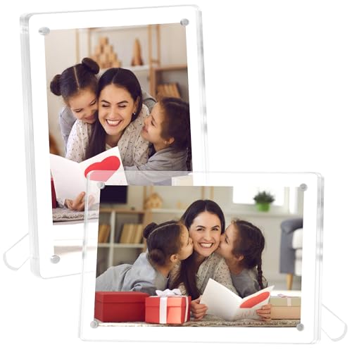 FIXSMITH 2 Pack 4x6 Acrylic Picture Frames, Clear Magnetic Frames with Stand, UV Resistant, Horizontal/Vertical Display, - Detailed View