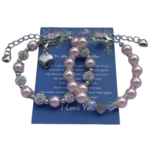 Image of DOLON 2 Pcs Imitation Pink Pearls Crystal Beads Heart Charm Bracelets Gift for Granddaughter,Sister,Daughter with Graduation Birthday Christmas First Day Wish Card