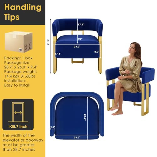 Image of Velvet Dining Chairs Set of 2, Blue Upholstered Accent Armchairs, Gold Legs