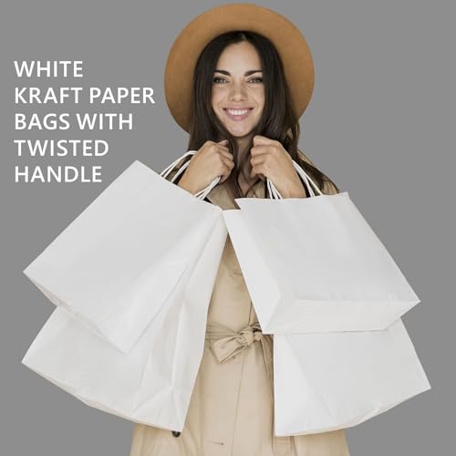 اكياس هدايا ورقية بيضاء كبيرة الحجم (40 سم عرض × 40 سم ارتفاع × 20 سم غطاء قاعدة) اكياس ورقية بمقابض ملتوية قوية لهدايا الحفلات وعيد الشكر والكريسماس والزفاف واعياد الميلاد - عبوة من 15 قطعة، ورق مقوى