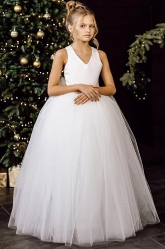 Crossed Straps Flower Girl Dress Satin Long Prom Dress with Bow Puffy Tulle Kids Pageant Dresses for Girls2