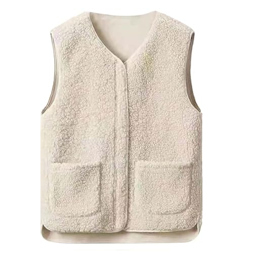 Taechalingo Teddy Weste Damen Beige,Teddy Fleece Weste Damen,Fleecejacke Armellos,Kurz V-Ausschnitt Teddyfleece Jacke,Ubergangsjacke Herbst,Für den Winter modische Kleidung für Mädchen