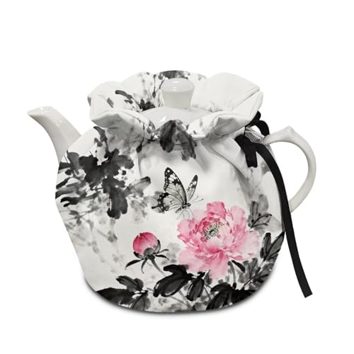 Image of Xoenoiee Butterfly Ink Wash Lotus Flower Pattern Tea Cozy Tea Pot Cover Insulation Tea Cosy Teapot Dust Cover Teapot Warmer for Home Kitchen Teapot Covers