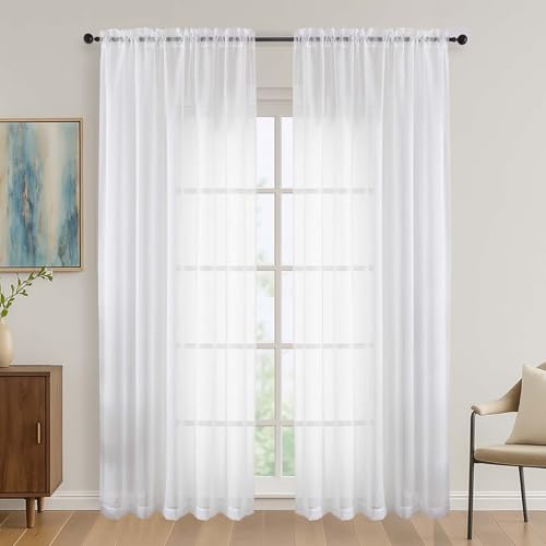 Image of OVZME White Sheer Curtains 84 Inches Long 2 Panels Set, 59 Inch Extra Wide Light Filtering Sheer White Curtains for Living Room Bedroom, Modern Voile Filmy Rod Pocket Window Drapes, 59Wx84L Inches