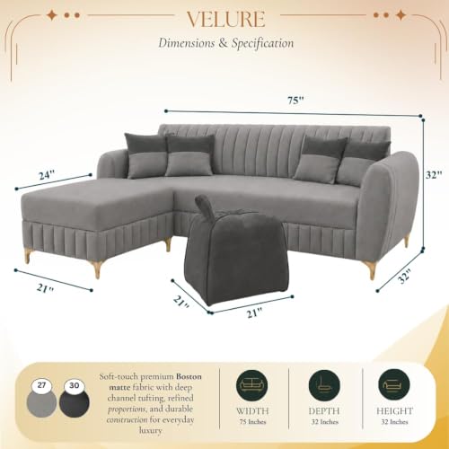 Image of CASASTYLE Signature Velour 4-Seater L-Shape Sofa Set with Movable Ottoman & Suri Pouf | Flexible LHS /RHS Layout | Boston Fabric | 40D Foam + Zigzag Spring | 3-Yr Warranty (Light Grey, Ash Grey)