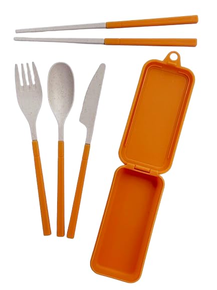 SunShades 3 pc and 4 pc Set Reusable Folding Wheat Straw Cutlery Fork Spoon Chopsticks Set with Box Multi Color (Orange)