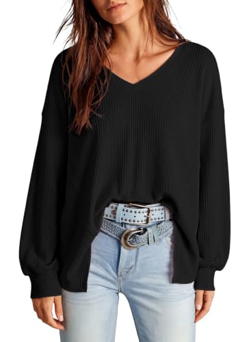 Image of Dokotoo Womens Waffle Knit Tops Trendy Fashion 2026 Oversized T Shirts | Lightweight,V Neck,Casual,Batwing Sleeve,Loose Fit,Irregular Hem,Boyfriend Style,Oversized,Fall Outfits