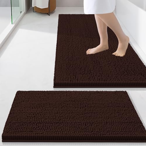 Image of Smiry Bathroom Rugs Sets 2 Piece, Soft Absorbent Chenille Machine Washable Non Slip Shaggy Bath Rug Set for Tub, Shower, and Floor (34x21+24x16, Brown)