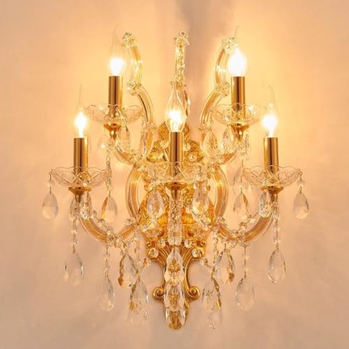 Image of YLONG-ZS Large Modern Crystal Wall Lights - 5 Lights Wall Lamp Chandelier Light Fixtures, Gold Wall Mounted Sconce for Hotel, Living Room, Hall, Lobby