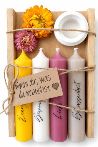 Kerzen Geschenkset Geburtstagsgeschenk für Frauen oder Freundin | nimm dir was du brauchst | Mitbringsel | Kerzenhalter Holzkiste mit Kerzen Deko und Strohblumen