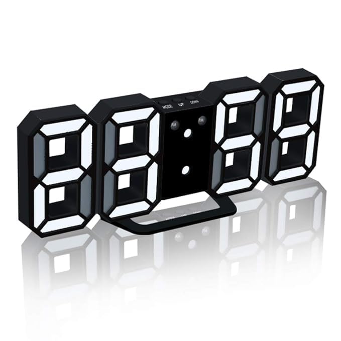 Sukee 3D Led Digital Wall Clock with 3 Level Adjustable Brightness Electronic Clock with Snooze Function Night Light Clock (Black-White)-image-24
